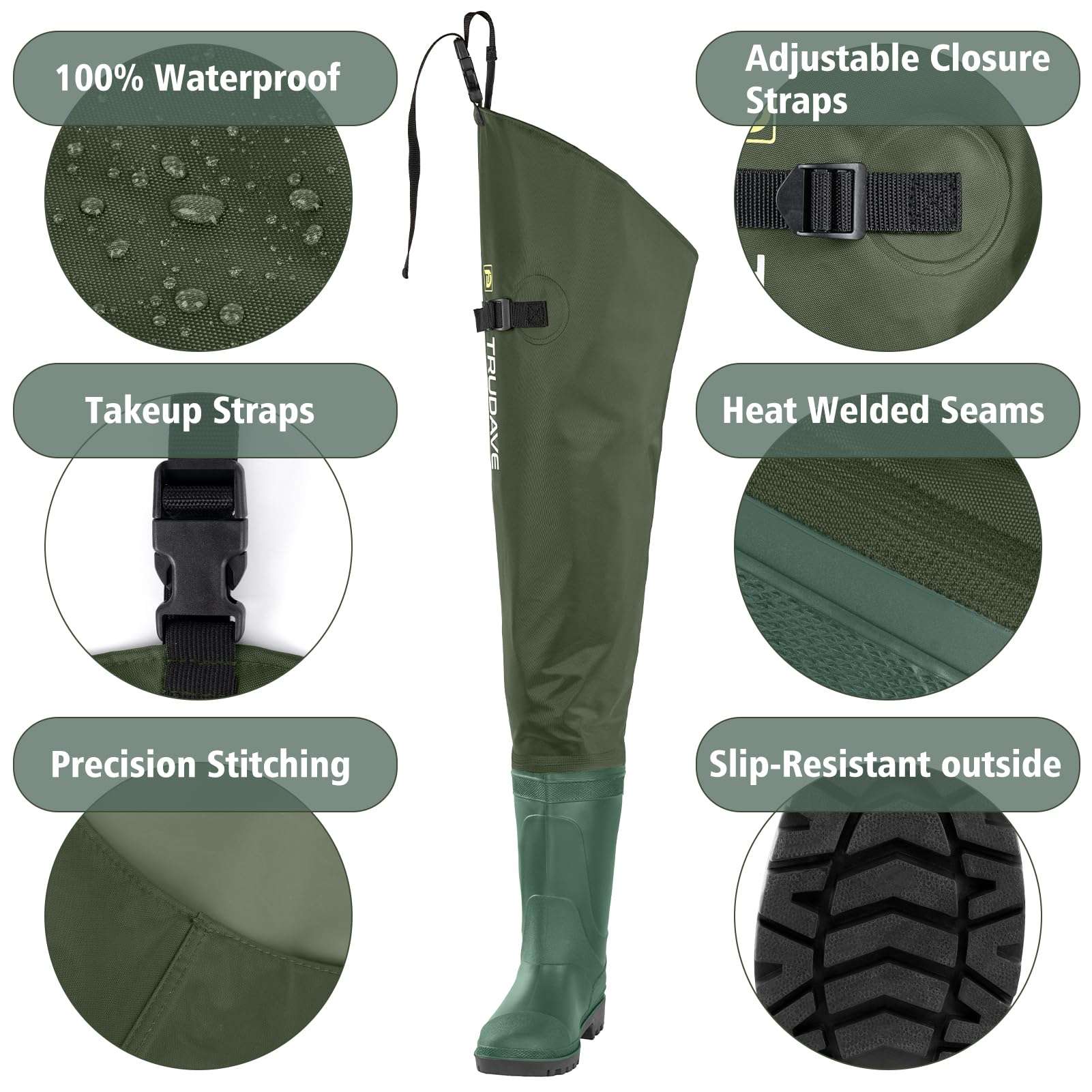 alt="Close-up of Trudave StreamFlex Series hip waterproof waders with boots showing 100% waterproof construction, takeup straps, precision stitching, adjustable closure straps, heat-welded seams, and slip-resistant outsole for fishing and outdoor use"